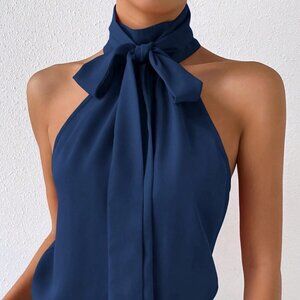 Navy Blue Preppy Womens Solid Tie Neck Halter Top